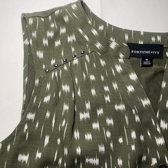 Fortune + Ivy Brielle Olive Print Womens M Blouse Tank V-Neck Mixed Material EUC - Picture 6 of 8